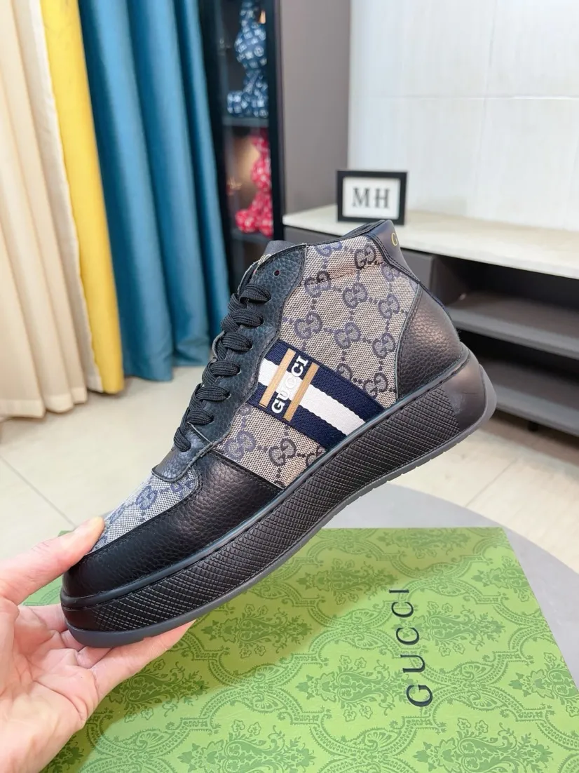 Men's shoes 💰438🌹🌹GUCCI [Gucci] New high-top men's shoes, a high-end brand, the latest fashionable casual men's shoes, trendy and versatile, relaxed and sporty style, uppers imported from Italy, first-layer cowhide, genuine leather lining, and ultra-fine workmanship. Original personalized fashionable rubber wear-resistant outsole, light and comfortable on the foot, size 38-44